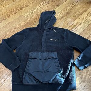 Champion Men's Sherpa Pullover Hoodie Gold Plate Logo Black Size Large